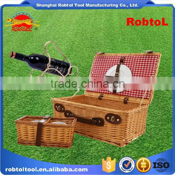 Woven Wicker Willow Picnic Basket Outdoor Hamper Lidded Set Cutlery Dinnerware BBQ Camping Vineyard photo-5