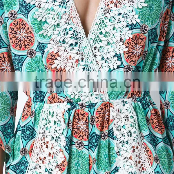 Summer Deep V-neck Back With One Button Fruity Green Crochet Plunge Crepe Romper Short Print Sexy Jumpsuit photo-5
