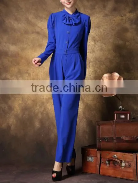 Scarf Collar Front With Buttons Long Sleeve High Empire Pleated Casual Trousers Elegant Business Women Jumpsuit photo-3