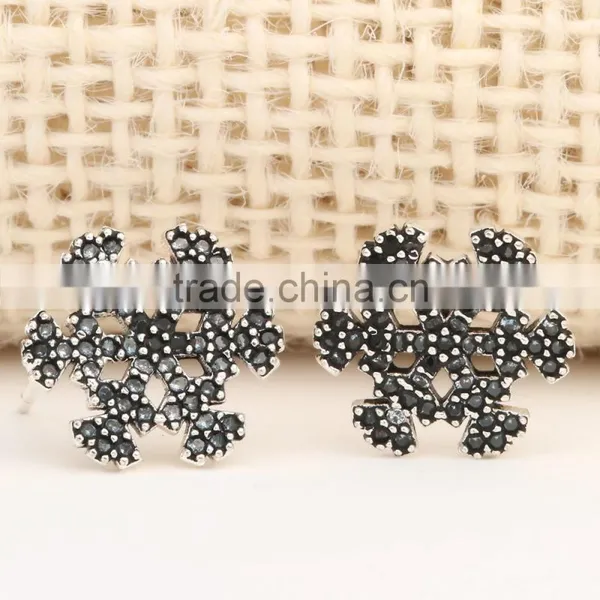 Trendy Noble Black Zircon Snowflake Silver Color Stud Earring photo-3