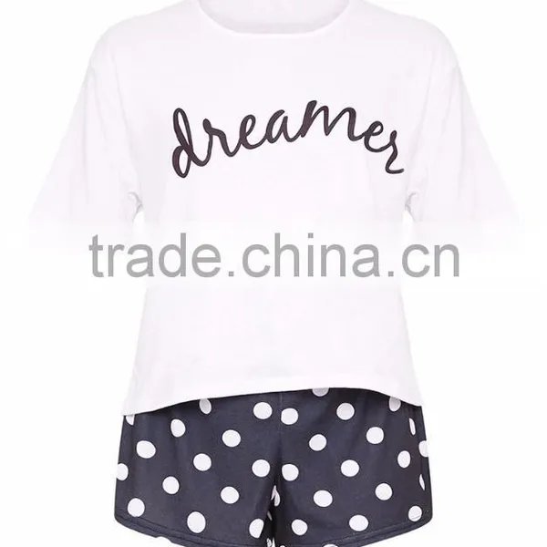 Custom Logo Print Loose Top Short Sleeve With Dots Shorts Causal Pajama Set Ladies Pyjama Set photo-3