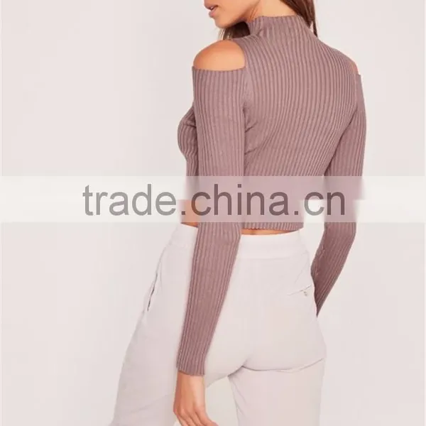 High Waist Short Style Women Knitted Crop Zip Through Cold Shoulder Crop Jumper Purple photo-3