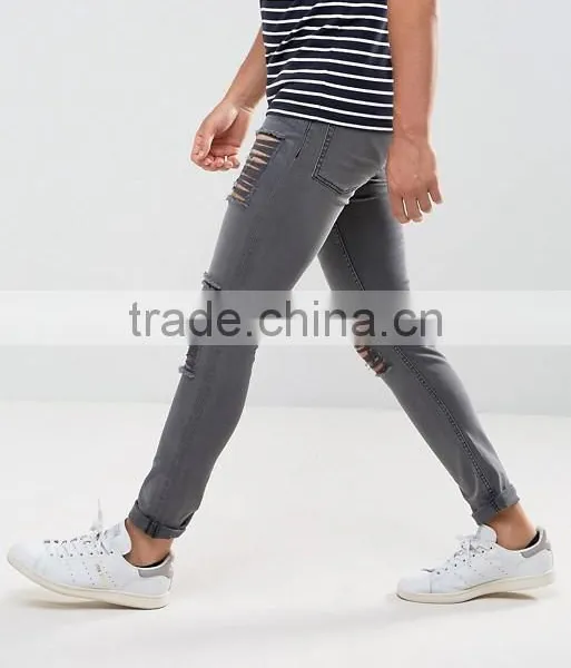 New Style Custom Men's Skinny Jeans Pants With Extreme Rips in Grey Wash photo-3