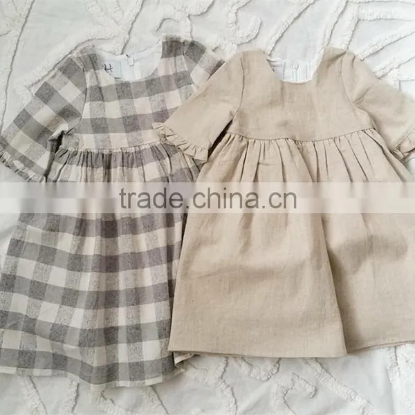 Grey/Cream Check Linen Dress Light Weight Linen Blend Summer Kids Party Dresses photo-6
