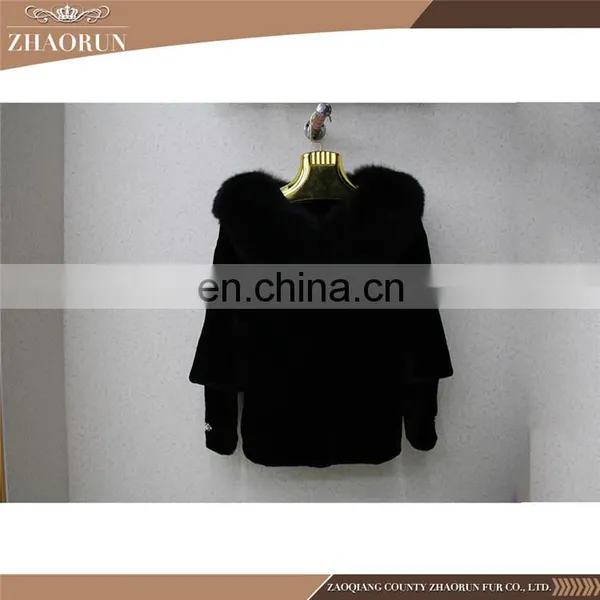 High Quality Black Rex Rabbit Fur Coat With Fox Fur Collar Garment Dyed Rex Rabbit Fur Jacket Clothing photo-2