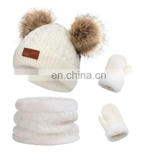 3Pcs Kids Winter Knitted Hat Scarf Gloves Set With Warm Fleece Lined for Children Girls Boys of 1-3 Years photo-2