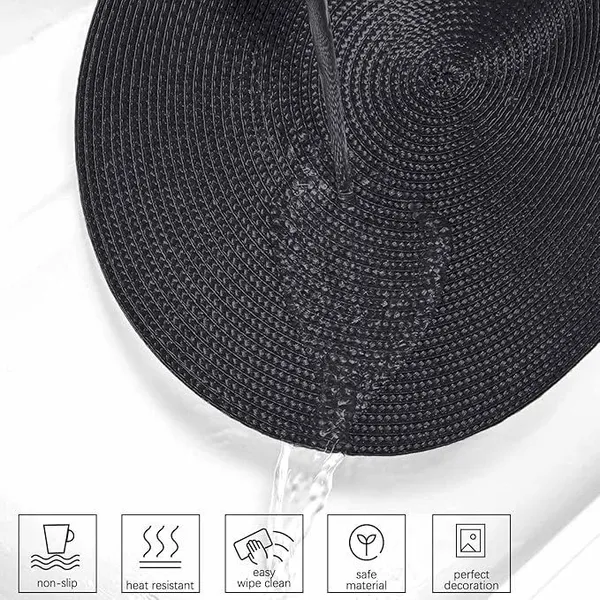 Round Braided Placemats 15 Inch in Black Color for Natural Woven Heat Resistant Place Mats Set of 6 photo-3