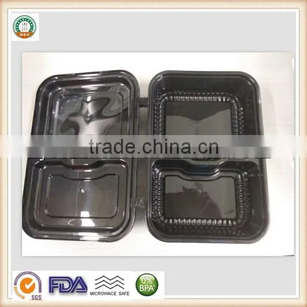 800ml Disposable Plastic Two Compartments Black Food Container Hinging Lid SGS/FDA Appoval Microwave Oven Safe