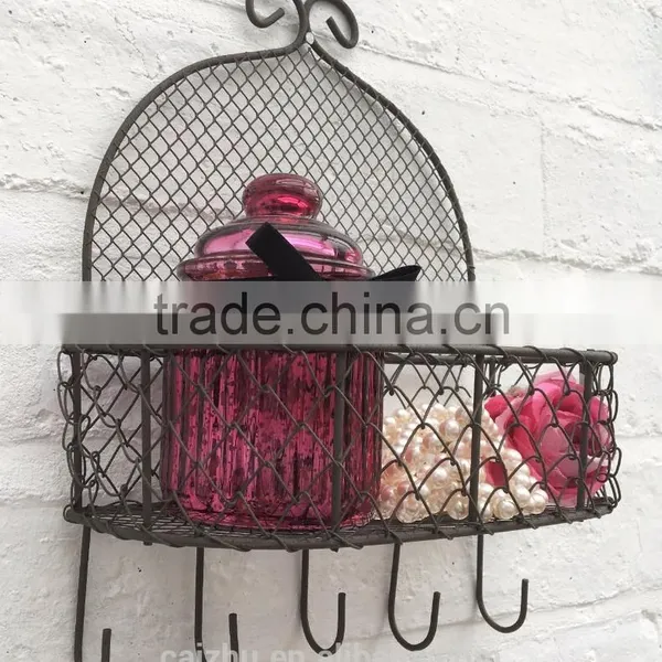 Vintage Rustic Wire Wall Shelf Unit Storage Basket for Kitchen Bathroom Chic photo-2