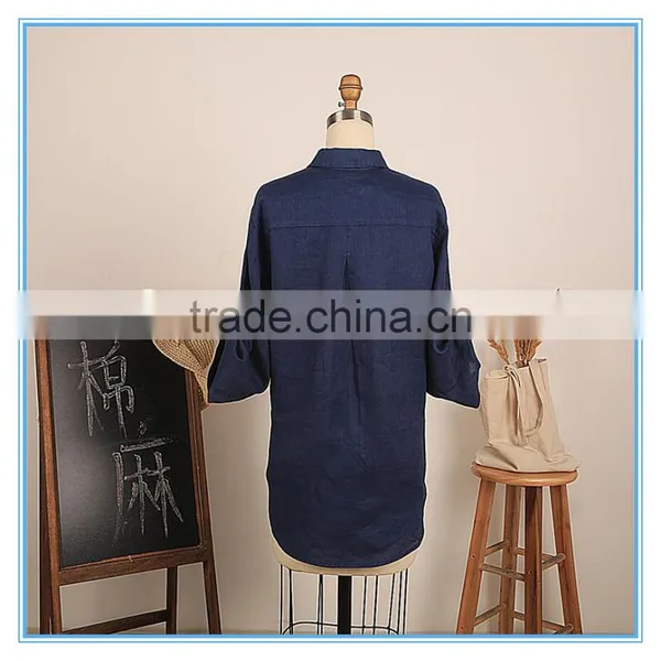Fashion Women Vintage Linen Cotton Long Sleeve Demin Dress Shirt photo-3