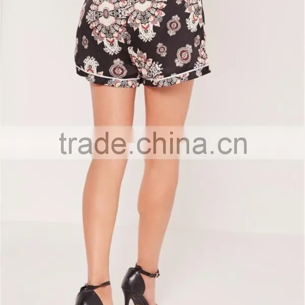 Custom Full Print Women Satin Wide Leg Boxer Shorts Floral Print Tailored Shorts Black photo-2