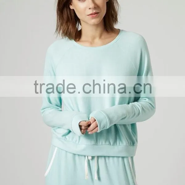 Sky Blue Blank Textured Loungewear Sweater Pajamas for Women photo-2