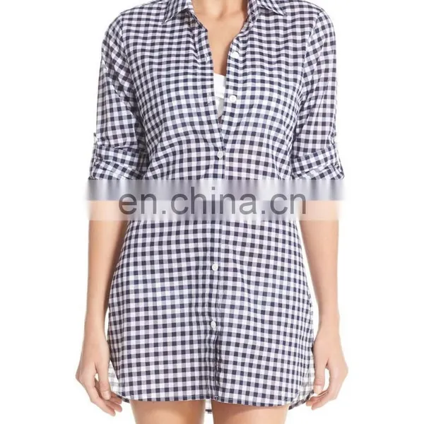 C48 Gingham Cover-Up Boyfriend Beach Shirts Women Long Sleeve photo-2