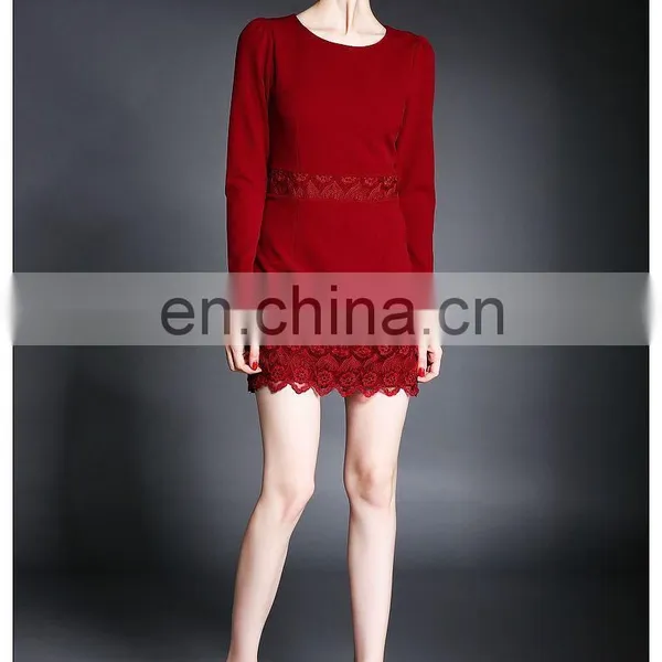 High Quality Ladies Maroon Dress With Lace Trim, Long Sleeve Fashion Autumn Dress photo-2