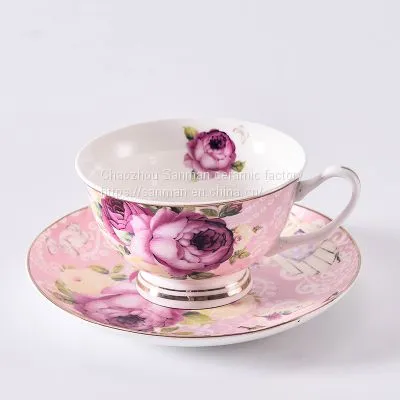 Turkish Style Luxury Ceramics Afternoon Coffee Tea Cup Sets With Romance Colorful Pink Design