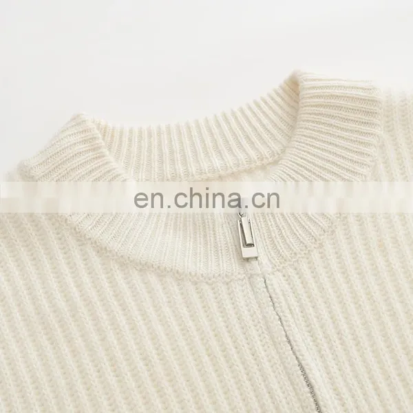 Custom Women's Solid Color Winter Cardigan Knitted Stand Collar Casual Zipper Sweater With Pockets Decoration Made From Cashmere photo-3