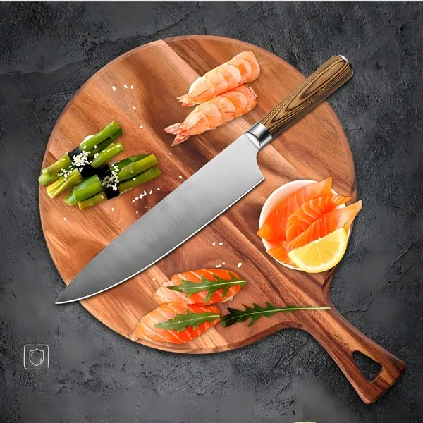 In Stock Multi-Function Round Acacia Wood Board Pizza Cutter Plate Steak Tray Thick Chopping Board With Handle for Baking photo-3