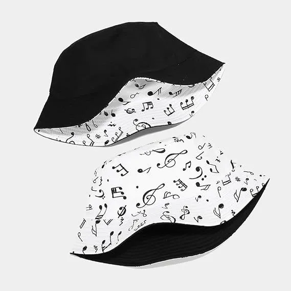 Music Note Print Reversible Bucket Hat Solid Black Double Sided Fisherman Cap Custom Logo Sun Hat for Music Lovers photo-3