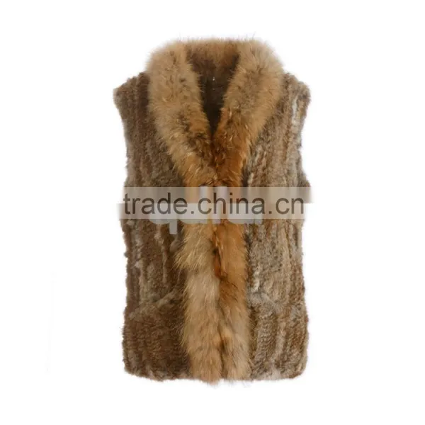 QD30434 Cheap China Bulk Wholesale Clothing Knitted Rabbit Fur Vest With Raccoon Fur Collar Clothes Women photo-4