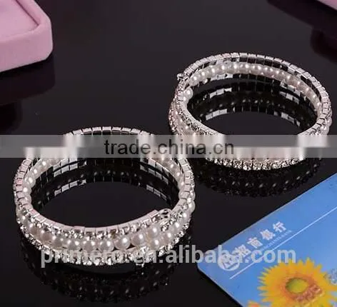 Fashion 2 Rows Stack Pearls Rhinestone Stretch Bracelets Bangles Jewelry photo-4