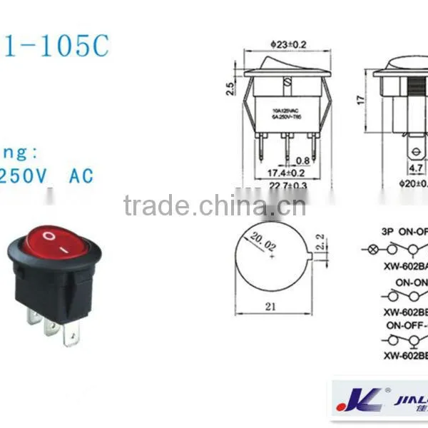 Round Rocker Switch 2pins 3pins Rocker Switch Red Round Button on off on on 2P 6A 250V AC photo-2