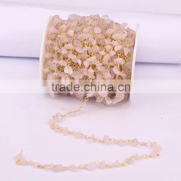 Rose Quartz Chip Beads Gem Stone Chain, Golden Plated Brass Wire Wrapped Rosary Style Chains