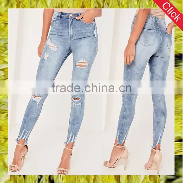 Fashion Women Blue High Waisted Brushed Ripped Skinny Denim Jeans With Hole
