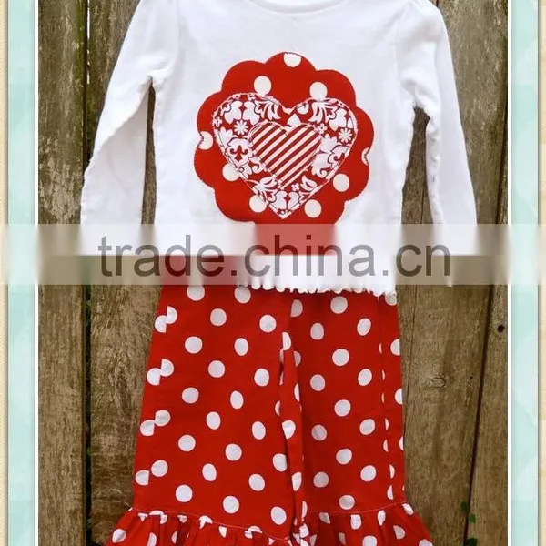 Girl's Valentine Day Boutique Clothing Kids Wholesale Spring Outfits Boutqiue Valentine Applique Heart Shirt Match Ruffle Pants