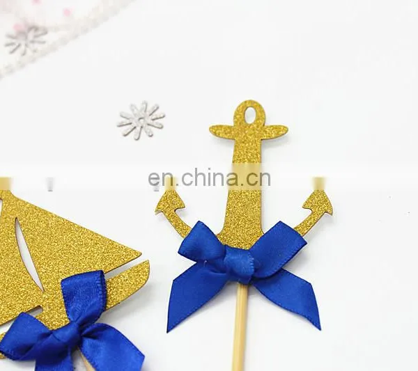 Sea Theme Gold Glitter Topper With Blue Bow Cake Decoration photo-5