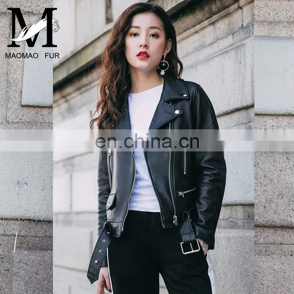 Fashion Cool Zip Front Black Leather Jacket Woman / Real Sheep Skin Jacket Leather / Leather Motorcycle Jacket photo-3