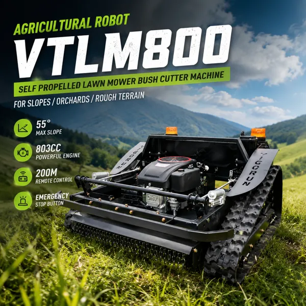 Агробот, кнопка аварийной остановки, пульт управления VTLM800, самодвижущаяся газонокосилка, кусторезающая машина