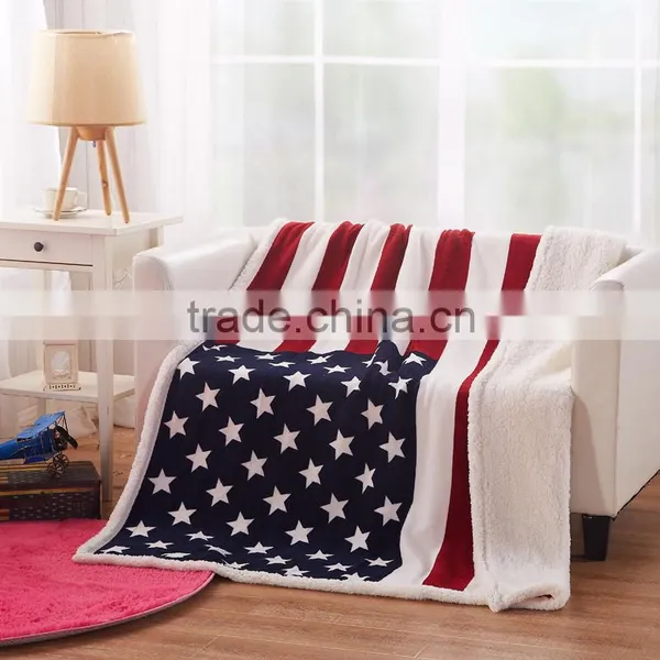 Star Printed Double Fleece Blanket With Sheep Fleece