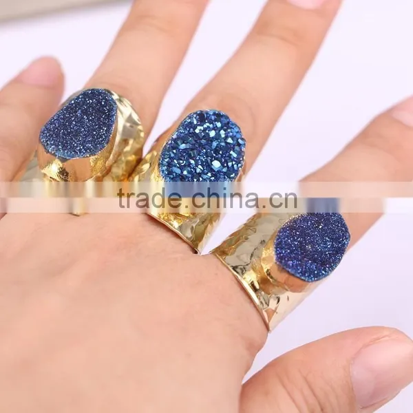 Gold Plated Natural Blue Agate Titanium Druzy Ring Freeform Drusy Gemstone Geode Jewelry Ring photo-3