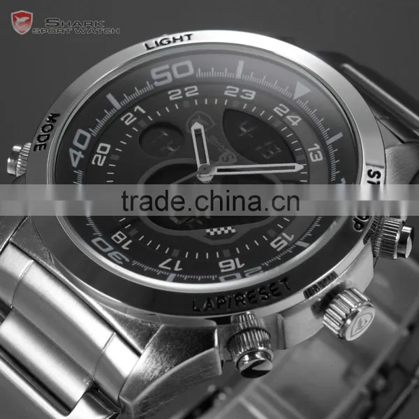 Shark Men Sport Brand New LED Analog Dual Time Zone Black Dial Japan Qaurtz Multifunction Movement Watch photo-3