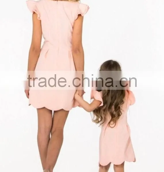 High Quality Pink Ruffles Sleeves Mommy And Baby Matching Short Frock Designs Dress Women Casual photo-3