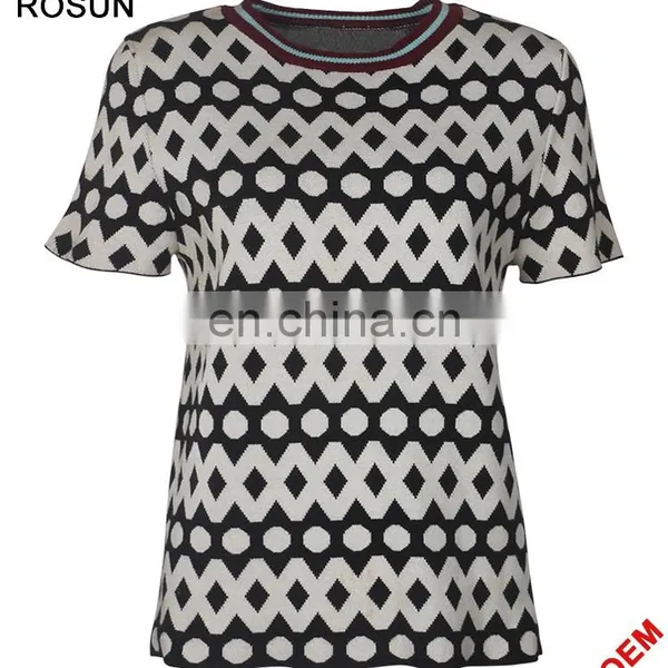 Acrylic Flat Knitted Sweater for Women as Stripe Collar Short Sleeve Polka Dot T-shirt of Latest Design Girls Top