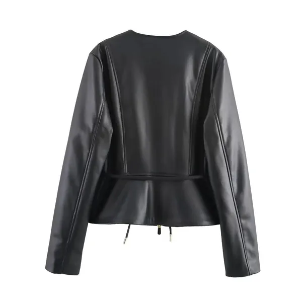 European and American Style Spring New Short Skirt Style Hem With Waist Cinching Imitation PU Leather Jacket Jacket for Women photo-2