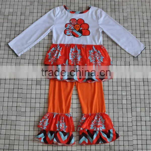 New Coming Brown Turkey Top Matching Orange and White Chevron Pants Thanksgiving Baby Clothes photo-2
