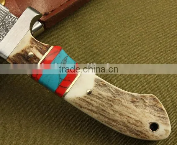OEM Damascus Steel Antler Wood Handle Full Tang Knife photo-4