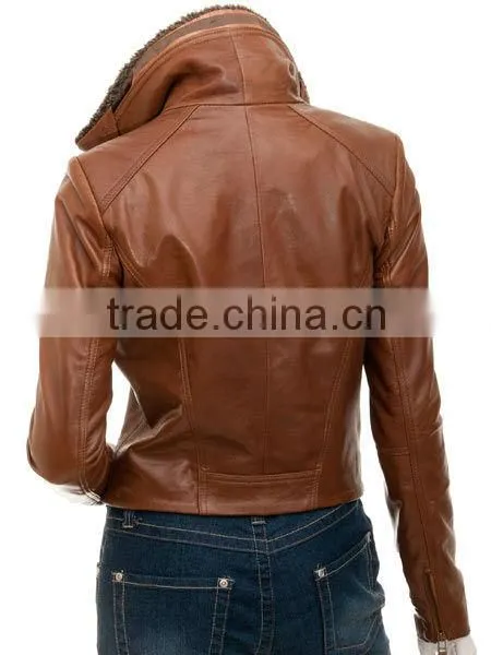 Women Leather Jackets & Cognac Color and Fur on Collar photo-3