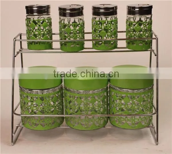 Glass Spice Jar Bottle Set Glass Canister With Light Green Metal Shelf photo-2