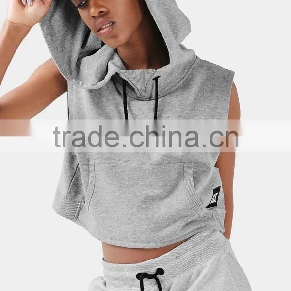 Wholesale Custom Made in China Blank Pullover Sleeveless Cropped Hoodie Sweatshirts photo-2