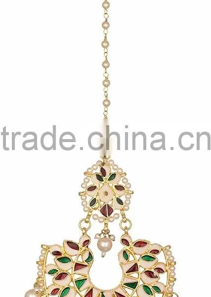 NAVRATAN Kundan Jadau Earring Tikka Gold Plated Chand Bali Set photo-3