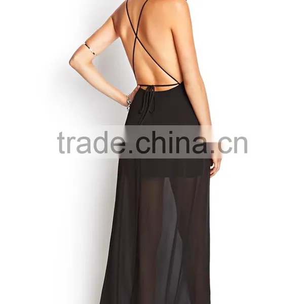 Hot Selling Women Spaghetti Strap Chiffon Evening Dress Plain Black Chiffon Evening Dress Backless Chiffon Evening Dress photo-2