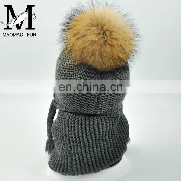 Kids Customized Design Wool Collar Raccoon Fur Pom Cashmere Knitted Hat and Scarf photo-6