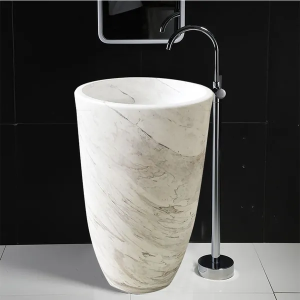Modern Freestanding Bathroom Hand Wash Basin Natural Stone Carrara Marble Stone Pedestal Sink for Home Hotel Villa Bathroom Washbasin photo-5