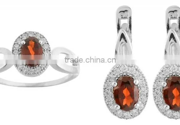 Natural Garnet Stone Fashion 925 Sterling Silver Ring Earring Set