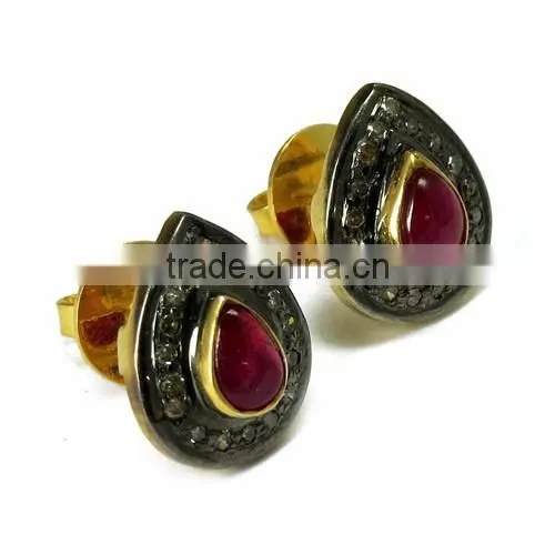Cambridge !! Ruby & Diamond 925 Sterling Silver Earring, Studs SIlver Earring, 925 Sterling Silver Jewellery photo-2