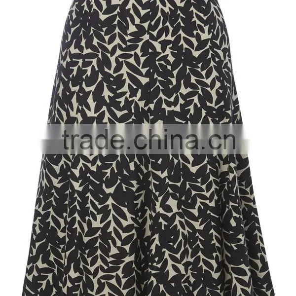 2015 European Lady Fashion Linen Leaf Printed Midi Skirt