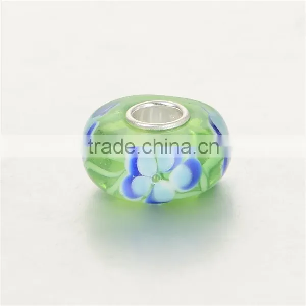 Handmade Fresh Green Color Blue Flower Murano Glass Beads Silver Charms Fit Bracelet photo-2